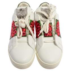 Pre Owned Philipp Plein White Floral Embroidered Leather And Python Trim Embellished Low Top Sneakers Size 39