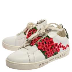 Pre Owned Philipp Plein White Floral Embroidered Leather And Python Trim Embellished Low Top Sneakers Size 39