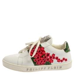 Pre Owned Philipp Plein White Floral Embroidered Leather And Python Trim Embellished Low Top Sneakers Size 39