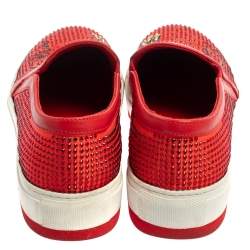 Pre Owned Philipp Plein Red Satin And Leather Trims Crystal Embellished Slip On Sneakers Size 39