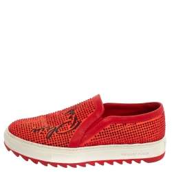 Pre Owned Philipp Plein Red Satin And Leather Trims Crystal Embellished Slip On Sneakers Size 39