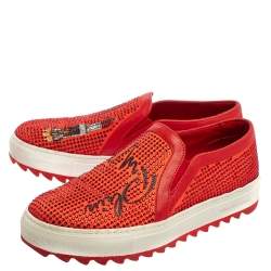 Pre Owned Philipp Plein Red Satin And Leather Trims Crystal Embellished Slip On Sneakers Size 39
