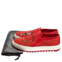 Pre Owned Philipp Plein Red Satin And Leather Trims Crystal Embellished Slip On Sneakers Size 39