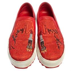 Pre Owned Philipp Plein Red Satin And Leather Trims Crystal Embellished Slip On Sneakers Size 39
