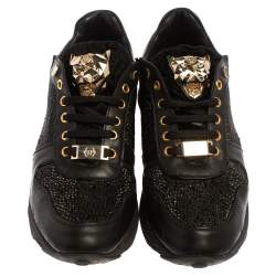 Pre Owned Philipp Plein Black Suede And Leather Embellished Low Top Sneakers Size 40