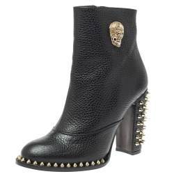 Pre Owned Philipp Plein Black Leather Skull Embellished/Studded Ankle Boots Size 39
