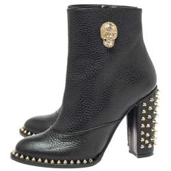 Pre Owned Philipp Plein Black Leather Skull Embellished/Studded Ankle Boots Size 39