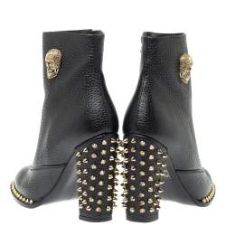 Pre Owned Philipp Plein Black Leather Skull Embellished/Studded Ankle Boots Size 39