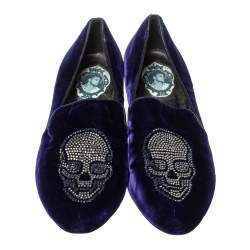 Pre Owned Philipp Plein Purple Velvet Crystal Skull Smoking Slippers Size 35