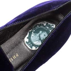 Pre Owned Philipp Plein Purple Velvet Crystal Skull Smoking Slippers Size 35