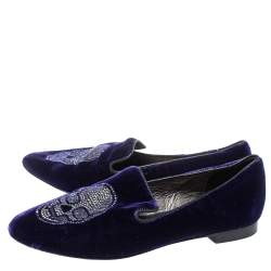 Pre Owned Philipp Plein Purple Velvet Crystal Skull Smoking Slippers Size 35