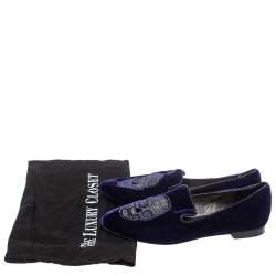 Pre Owned Philipp Plein Purple Velvet Crystal Skull Smoking Slippers Size 35