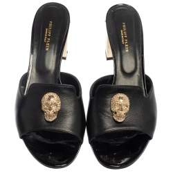 Pre Owned Philipp Plein Black Leather Skull Embellished Slide Sandals Size 40