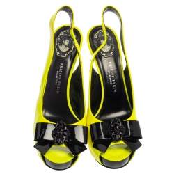 مملوكة مسبقًا Philipp Plein Neon Green/Black Patent Leather Bow Skull Slingback Sandals Size 39.5