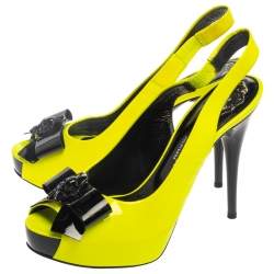 مملوكة مسبقًا Philipp Plein Neon Green/Black Patent Leather Bow Skull Slingback Sandals Size 39.5