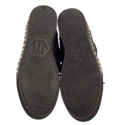 Pre Owned Philipp Plein Black Leather And Suede Crystal Embellished Fur Trim High Top Sneakers Size 39