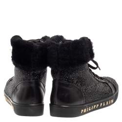Pre Owned Philipp Plein Black Leather And Suede Crystal Embellished Fur Trim High Top Sneakers Size 39