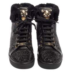 Pre Owned Philipp Plein Black Leather And Suede Crystal Embellished Fur Trim High Top Sneakers Size 39