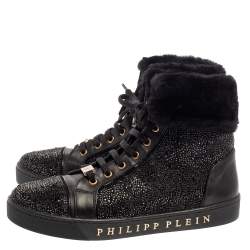Pre Owned Philipp Plein Black Leather And Suede Crystal Embellished Fur Trim High Top Sneakers Size 39
