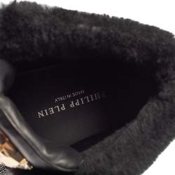 Pre Owned Philipp Plein Black Leather And Suede Crystal Embellished Fur Trim High Top Sneakers Size 39