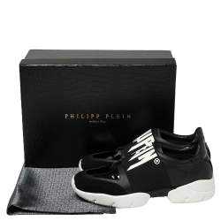 Pre Owned Philipp Plein Black Leather and Suede Logo Strap Slip On Sneakers Size 39