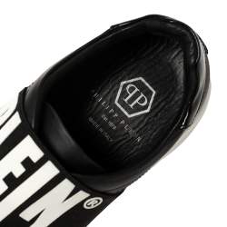 Pre Owned Philipp Plein Black Leather and Suede Logo Strap Slip On Sneakers Size 39