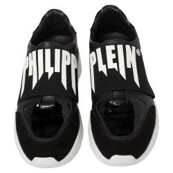 Pre Owned Philipp Plein Black Leather and Suede Logo Strap Slip On Sneakers Size 39
