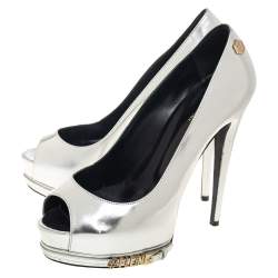Pre Owned Phillip Plein Silver Leather Peep Toe Buckle Detail Platform Pumps Size 38
