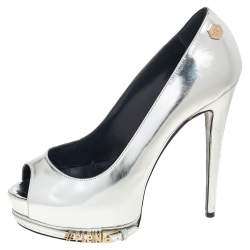 Pre Owned Phillip Plein Silver Leather Peep Toe Buckle Detail Platform Pumps Size 38