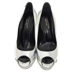 Pre Owned Phillip Plein Silver Leather Peep Toe Buckle Detail Platform Pumps Size 38