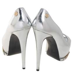 Pre Owned Phillip Plein Silver Leather Peep Toe Buckle Detail Platform Pumps Size 38