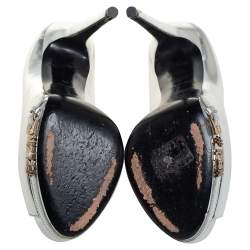 Pre Owned Phillip Plein Silver Leather Peep Toe Buckle Detail Platform Pumps Size 38
