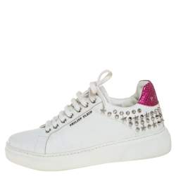 Pre Owned Phillip Plein White/Pink Leather Studded So Cute Sneakers Size 37