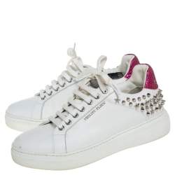 Pre Owned Phillip Plein White/Pink Leather Studded So Cute Sneakers Size 37