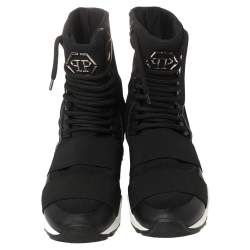 Pre Owned Philipp Plein Black Elastic And Mesh Slip On High Top Sneakers Size 39
