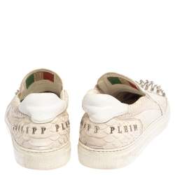 Philipp Plein Cream Python Embossed Leather Spike Slip On Sneakers Size 42.5