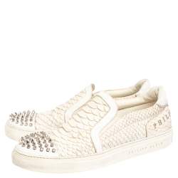 Philipp Plein Cream Python Embossed Leather Spike Slip On Sneakers Size 42.5