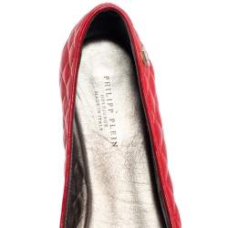 Pre Owned Philipp Plein Red Quilted Leather Bow Ballet Flats Size 38
