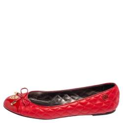 Pre Owned Philipp Plein Red Quilted Leather Bow Ballet Flats Size 38