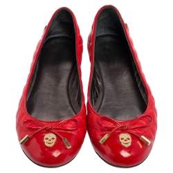 Pre Owned Philipp Plein Red Quilted Leather Bow Ballet Flats Size 38