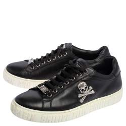 Pre Owned Phillip Plein Black Leather Skull Embellished Low Top Sneakers Size 40