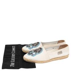 Pre Owned Philipp Plein Cream Canvas Crystal Embellished Skull Espadrille Flats Size 38