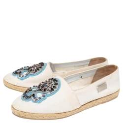 Pre Owned Philipp Plein Cream Canvas Crystal Embellished Skull Espadrille Flats Size 38