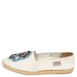 Pre Owned Philipp Plein Cream Canvas Crystal Embellished Skull Espadrille Flats Size 38