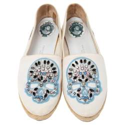 Pre Owned Philipp Plein Cream Canvas Crystal Embellished Skull Espadrille Flats Size 38