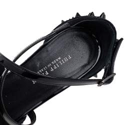 Pre Owned Philipp Plein Black Suede And Patent Leather Spiked Crystal Embellished Cork Platform Wedge Sandals Size 38.5