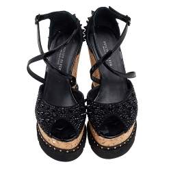 Pre Owned Philipp Plein Black Suede And Patent Leather Spiked Crystal Embellished Cork Platform Wedge Sandals Size 38.5