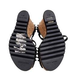 Pre Owned Philipp Plein Black Suede And Patent Leather Spiked Crystal Embellished Cork Platform Wedge Sandals Size 38.5