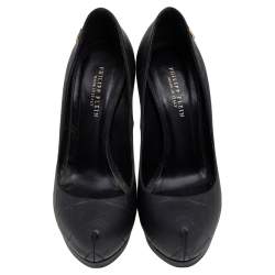 Pre Owned Philip Plein Black Leather Platform Pumps Size 36