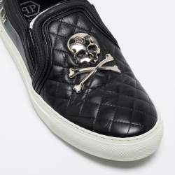 Pre Owned Philipp Plein Black Quilted Leather Skull Slip-On Sneakers Size 38